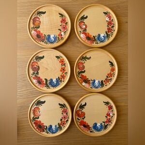Vintage Hand painted Wood Coasters Set Of 6 Floral Boho Flowers 4” Light Blonde